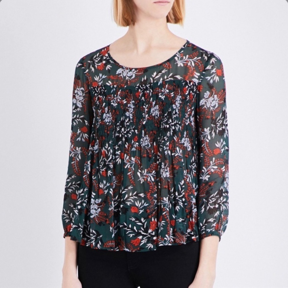MAJE PARIS Lo Fleur Crepe Georgette Top,
Green Floral Sheer Smocked Blouse, 2
